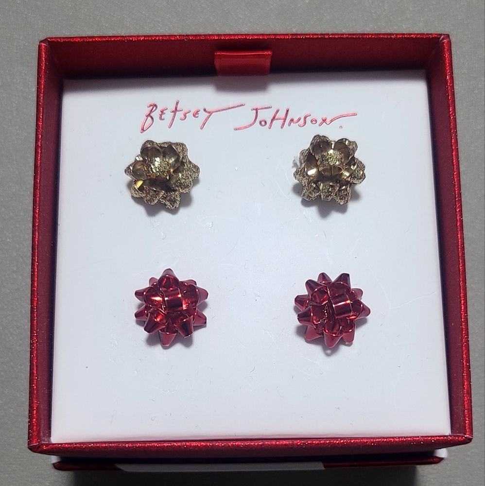 Betsey Johnson Gold and Red Bow Earrings Set